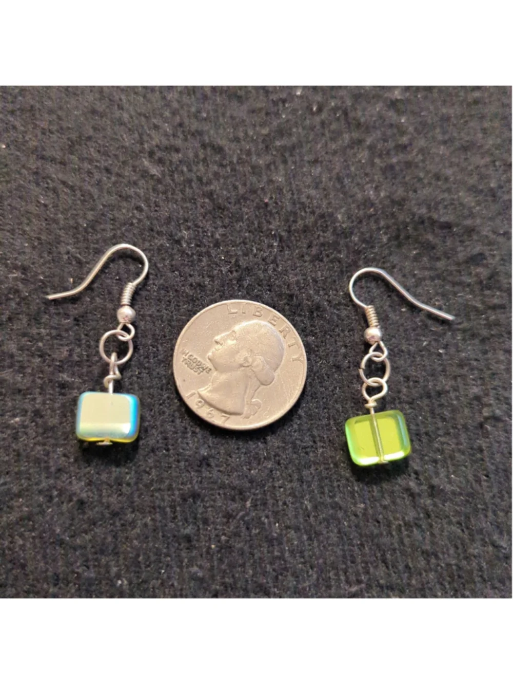 Silver Tone Green Iridescent Square Dainty Delicate Drop Statement Earrings